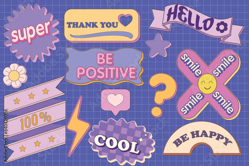 Vector set of text bubbles in retro style.With text elements on a dark purple background. Various shapes of bubbles with hipster patterns are suitable for designing banners, websites, presentations. 