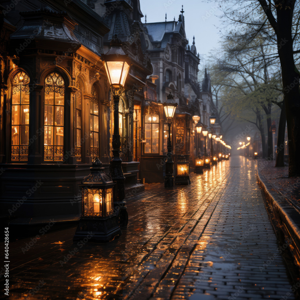 Serene row of pale lanterns lighting up a twilight street AI Generative