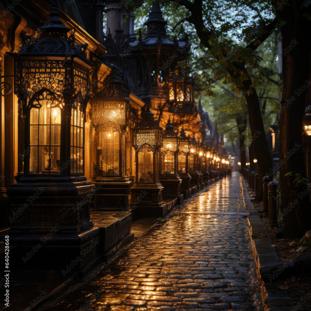Serene row of pale lanterns lighting up a twilight street AI Generative