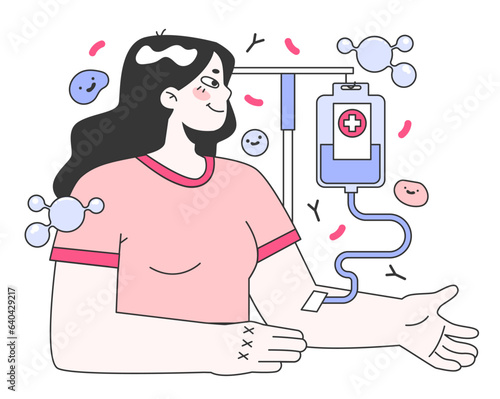 Intravenous therapy. Intravenous infusion on arm. Female character