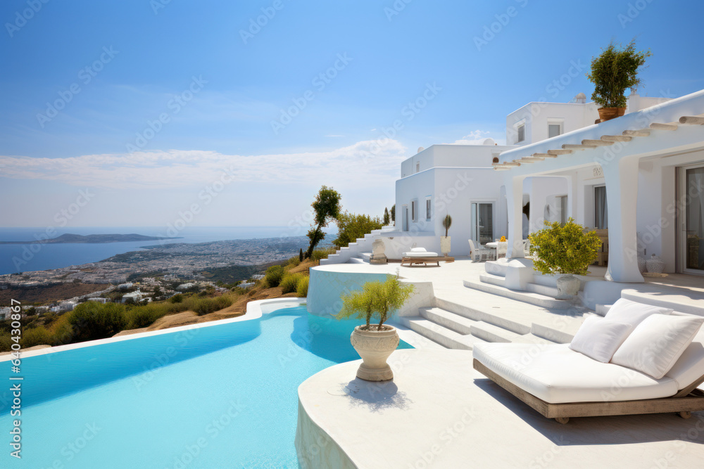 Fototapeta premium Modern villa, luxury house or hotel in Greek style by sea in summer
