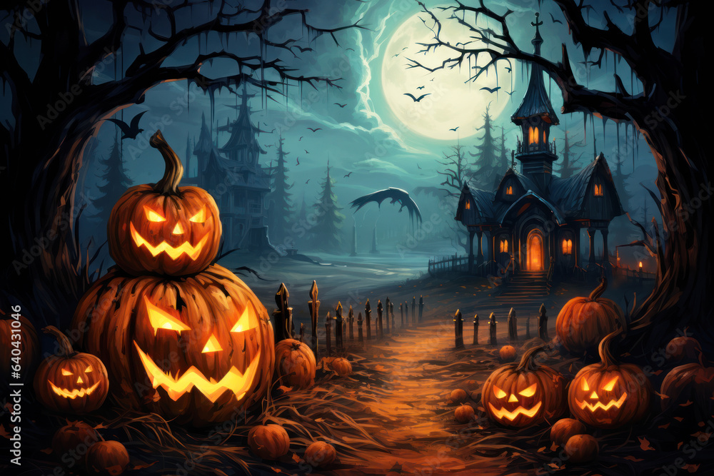 Fototapeta premium Scary pumpkins in dark forest and haunted house at Halloween night