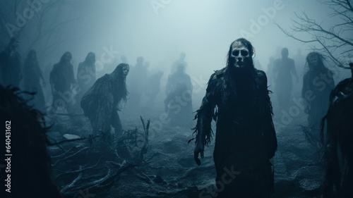 Undead walking in mist, many scary zombies at creepy Halloween night