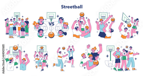 Streetball game set. Team players play basketball outside. Teen or young © inspiring.team