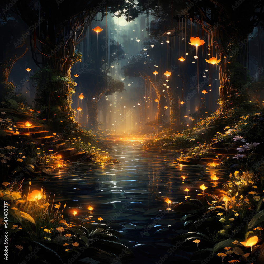 Enchanting scene of fireflies illuminating AI Generative
