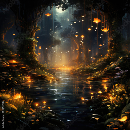 Enchanting scene of fireflies illuminating AI Generative