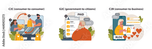 E-store and e-commerce set. Entrepreneur selling goods and gaining
