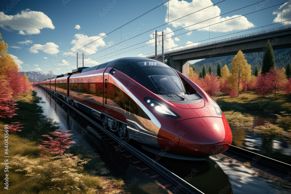 Fototapeta premium High-speed train in motion. Generative Ai.