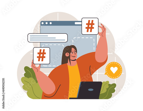 Hashtag. Character using digital device for sending posts and sharing