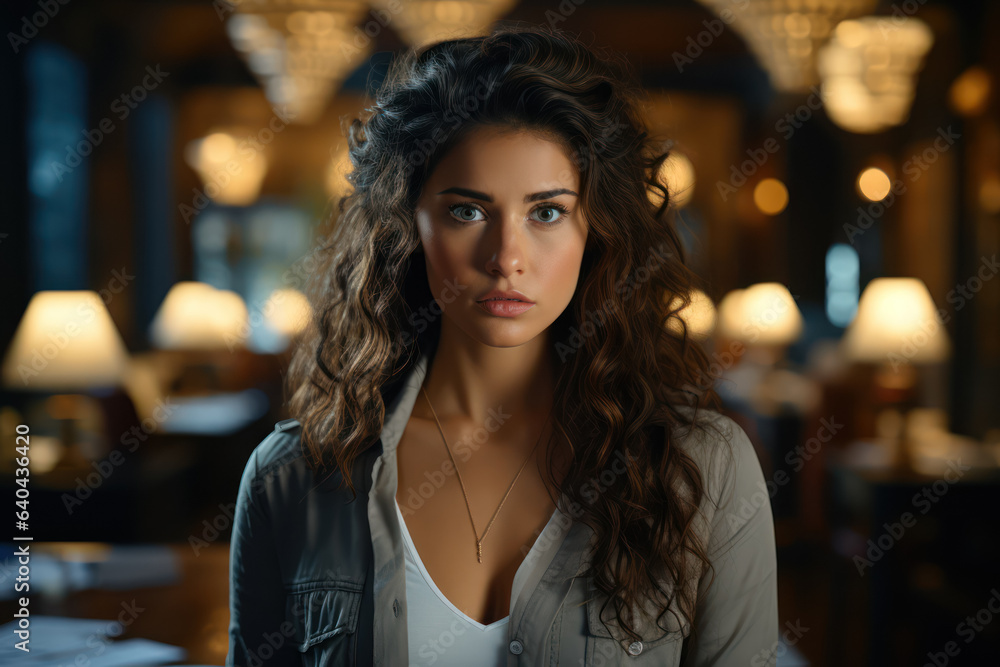 Obraz premium Concerned woman against the background of a large amount of papers and paperwork. The concept of hard office work, a lot of paperwork. Generative Ai.