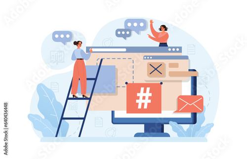 Hashtag. Character using digital device for sending posts and sharing