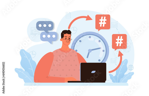 Hashtag. Character using digital device for sending posts and sharing
