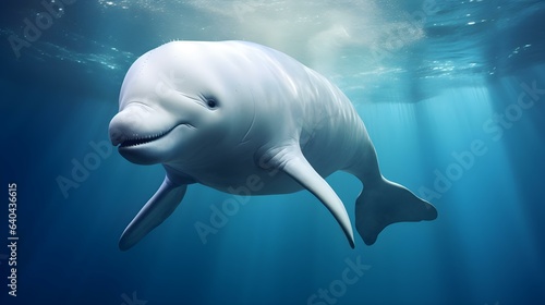 Close up of a Beluga Whale swimming in the clear Ocean. Natural Background with beautiful Lighting