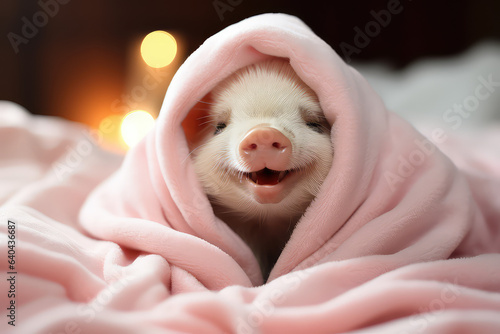 A mini pig in fluffy pink blanket, smiling, cute. Pretty sweet baby pig. 