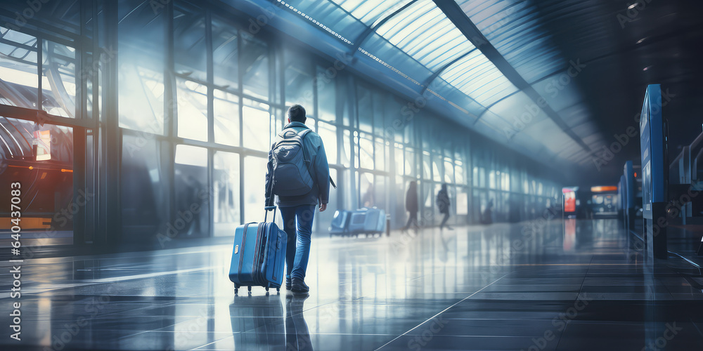 Fototapeta premium Passenger walking with a luggage bag to get going at a train station. Blurred background.