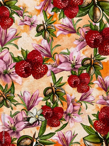 Illustration of raspberries on a yellow background with almonds and flowers.