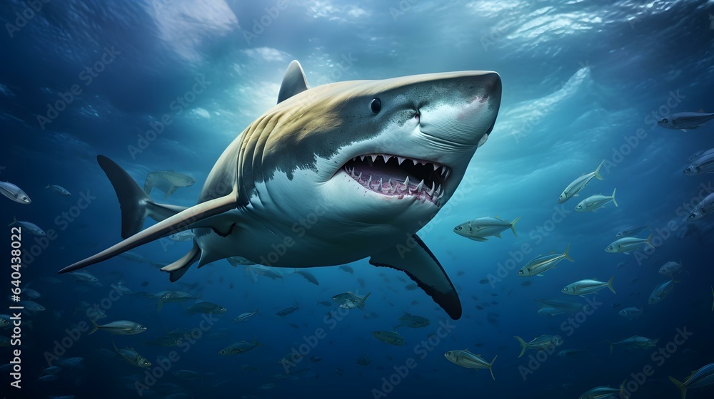 Fototapeta premium Close up of a Bull Shark swimming in the deep Ocean. Natural Background with beautiful Lighting
