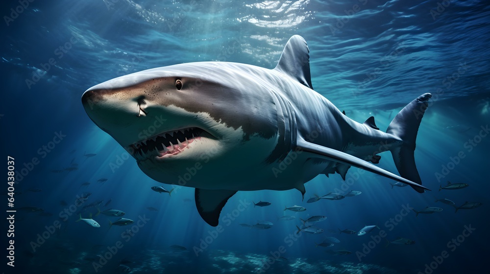 Fototapeta premium Close up of a Bull Shark swimming in the deep Ocean. Natural Background with beautiful Lighting