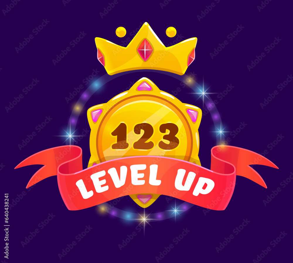 Game interface level up badge and win icon, UI award with golden crown, vector ribbon. Game UX icon or asset of medal prize for next level achievement, cartoon trophy badge of gold coin for gamer rank Game interface level up badge and win icon, UI award with golden crown, vector ribbon. Game UX icon or asset of medal prize for next level achievement, cartoon trophy badge of gold coin for gamer rank