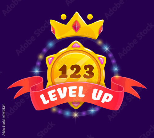 Game interface level up badge and win icon, UI award with golden crown, vector ribbon. Game UX icon or asset of medal prize for next level achievement, cartoon trophy badge of gold coin for gamer rank