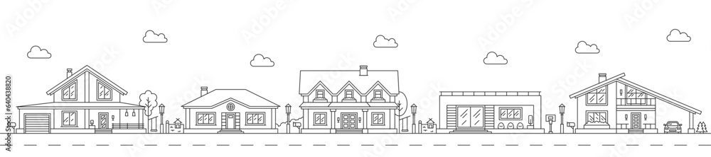Neighborhood line art, city houses and town buildings on street, vector cityscape background. Outline neighborhood mansions, town houses and residential homes, linear cottages with cars and terrace