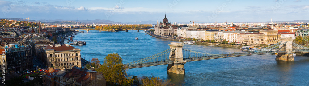 Image of view on Parliament and Chain Bridge in Budapest outdoors.