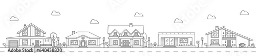 Neighborhood line art, city houses and town buildings on street, vector cityscape background. Outline neighborhood mansions, town houses and residential homes, linear cottages with cars and terrace