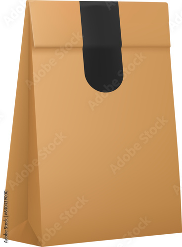 Cardboard paper shopping bag vector mockup. Cardboard packet, shop paper product package or retail purchase paperbag 3d vector mockup. Boutique shopping bag realistic mock up or design template