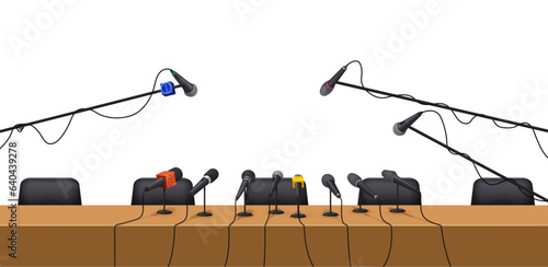 Press conference table interior with microphones. Politics debate, public speaker speech or announcement, live broadcast vector backdrop. Television press conference or news interview concept or cover