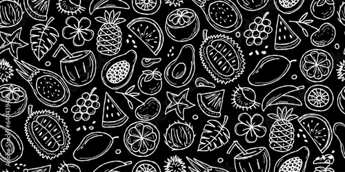 Tropical fruits collection. White on black color. Seamless pattern background for your design.