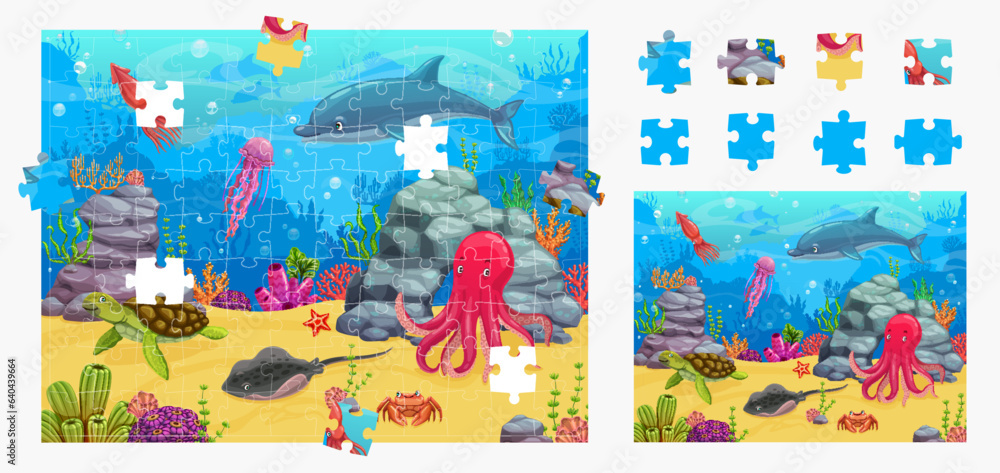 Fototapeta premium Cartoon sea underwater landscape. Jigsaw puzzle game pieces. Figure find quiz, piece match puzzle vector worksheet with dolphin, jellyfish, sea turtle and octopus, skate, crab animals cute characters