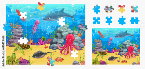 Fototapeta Naklejka Na Ścianę i Meble -  Cartoon sea underwater landscape. Jigsaw puzzle game pieces. Figure find quiz, piece match puzzle vector worksheet with dolphin, jellyfish, sea turtle and octopus, skate, crab animals cute characters