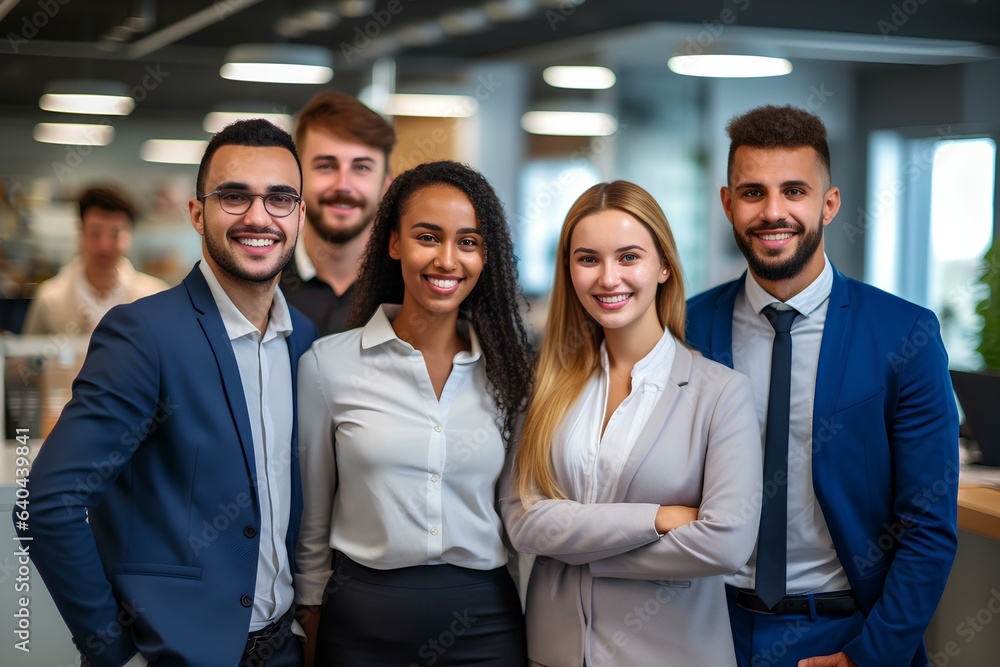 Young happy professional international team business people workers standing in corporate office, diverse multiethnic smiling colleagues company staff posing together. generative AI Young happy professional international team business people workers standing in corporate office, diverse multiethnic smiling colleagues company staff posing together. generative AI