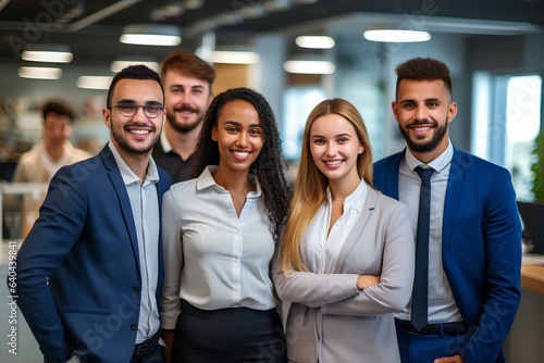Young happy professional international team business people workers standing in corporate office, diverse multiethnic smiling colleagues company staff posing together. generative AI