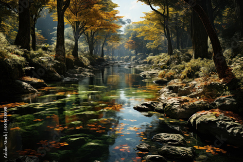 A tranquil river winds its way through a forest, reflecting the rich tapestry of autumn colors along its banks. Concept of Reflective Waters. Generative Ai.