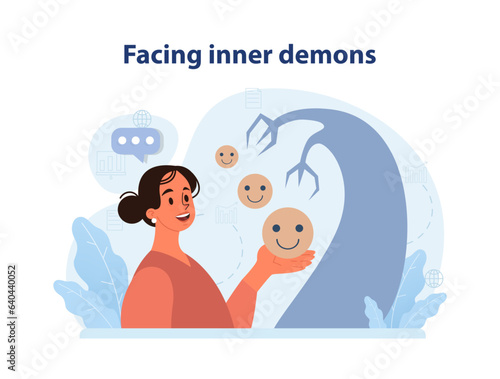 Facing inner demons. Female character facing and fighting with his internal