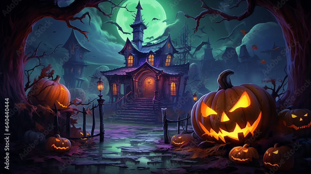 a haunted house with a jack-o-lantern, cartoon illustration