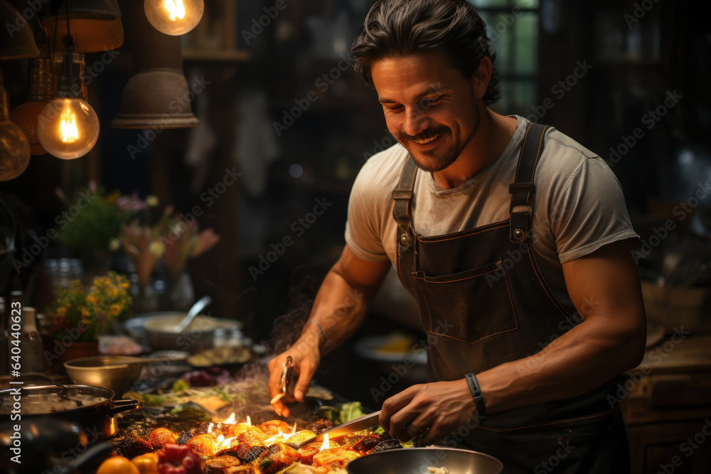 A traveler takes a break from work to enjoy a cooking class, blending skills enhancement with relaxation during their trip. Generative Ai. A traveler takes a break from work to enjoy a cooking class, blending skills enhancement with relaxation during their trip. Generative Ai.