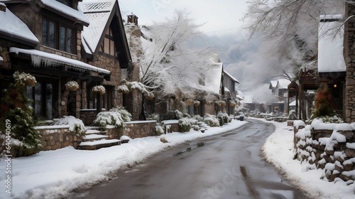 Fresh snowfall blanketing the village in Winter Wonderland
