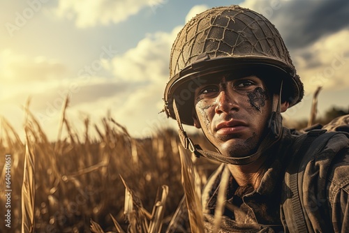 Soldier on the battlefield, in the background sky, clouds and sun. Generative AI