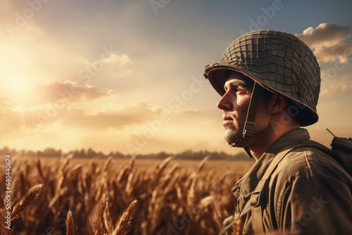 Soldier on the battlefield, in the background sky, clouds and sun. Generative AI photo