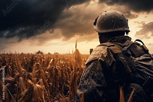 Soldier on the battlefield, in the background sky, clouds and sun. Generative AI