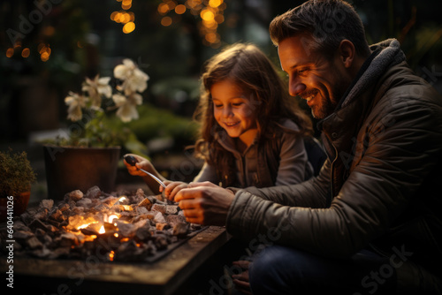 A family gathers around a fire pit in their backyard, enjoying the warmth and camaraderie that nature on their doorstep provides. Generative Ai.