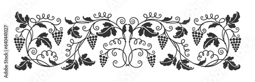 Grape vine ornament, wine border and vineyard branch, vector floral frame for winery. Grape vintage border or vineyard branches and leaves, monochrome embellishment decor for wine product label