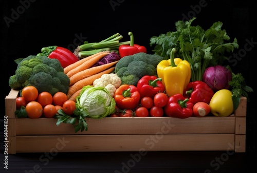 Wooden box with greens and vegetables  healthy eating concept. Generative AI