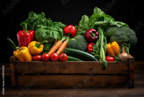 Wooden box with greens and vegetables  healthy eating concept. Generative AI