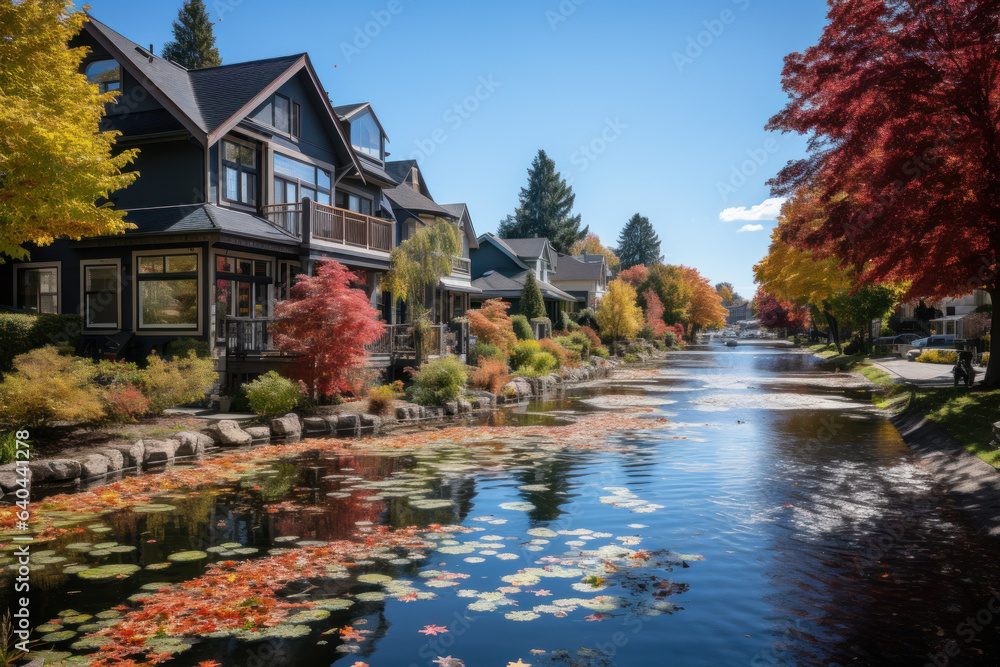 A neighborhood pond reflects the changing seasons, showcasing the picturesque beauty of nature in a local setting. Generative Ai.