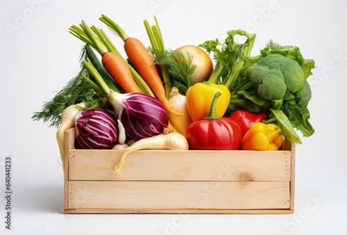 Wooden box with greens and vegetables, healthy eating concept. Generative AI