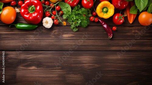 Background with fresh vegetables on a plank table, with space for text, inscription or logo, top view.generative ai 