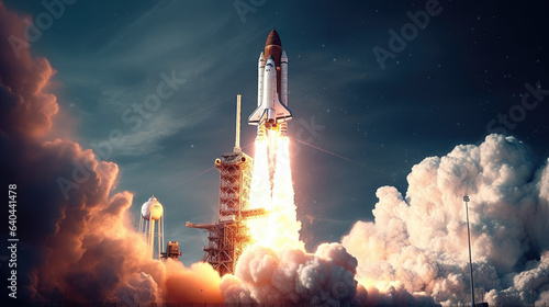 Space rocket launch, ship. Concept of business product on a market. Spaceship takes off in the starry sky. Rocket space ship.